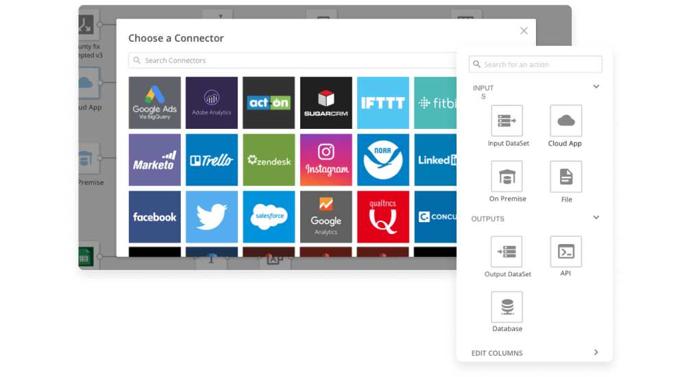 User interface screen showing a 'Choose a Connector' window with various connector logos like Google Ads, Adobe Analytics, Trello, Instagram, Salesforce, and others, alongside a panel for searching and selecting input and output data methods including Input DataSet, Cloud App, On Premise, File, Output DataSet, API, and Database.