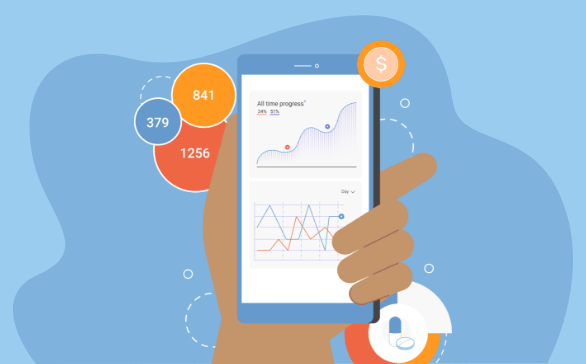 Hand holding a smartphone displaying progress graphs and circular icons representing data and financial elements.