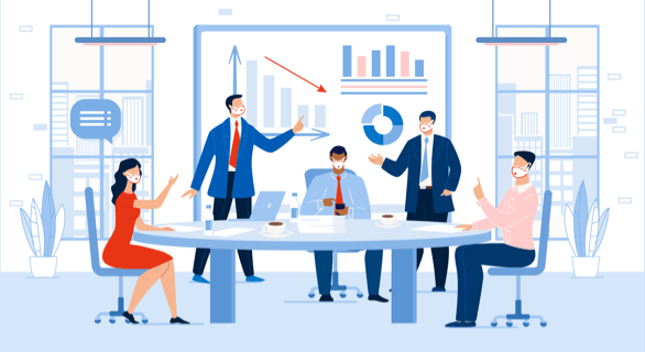 Business team wearing masks in a meeting room discussing charts and graphs displayed on a screen.