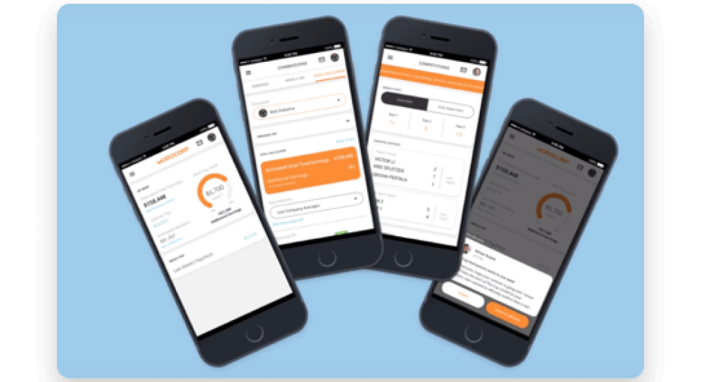 Four smartphones displaying various screens of a financial or investment app with charts, account details, and summaries on a light blue background.