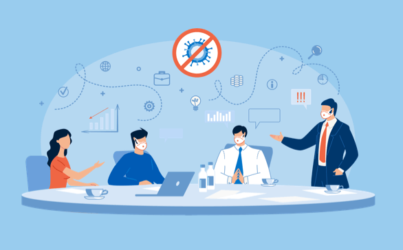 Four colleagues wearing face masks around a table in a business meeting with a virus and data icons in the background, symbolizing COVID-19 safety precautions at work.
