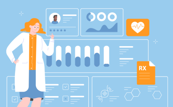 Illustration of a female doctor in a white coat standing next to digital medical data displays including charts, patient info, heart monitor, and prescription document.