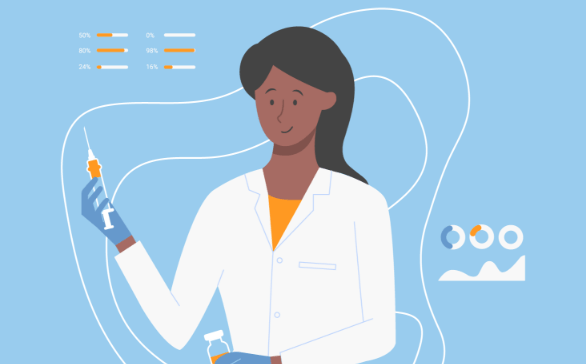 Illustration of a smiling female scientist in a white lab coat and blue gloves holding a syringe and a vial with scientific data charts in the background.