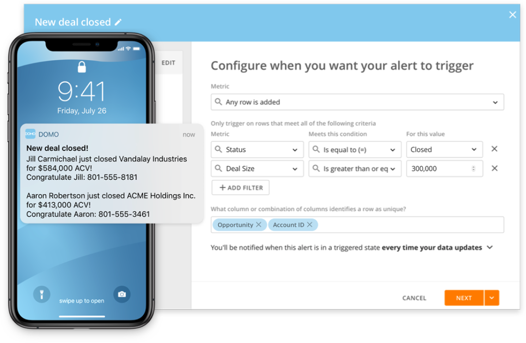 Smartphone lock screen showing a notification about new deals closed, alongside a settings panel configuring alert triggers for deals with status 'Closed' and deal size over 300,000.