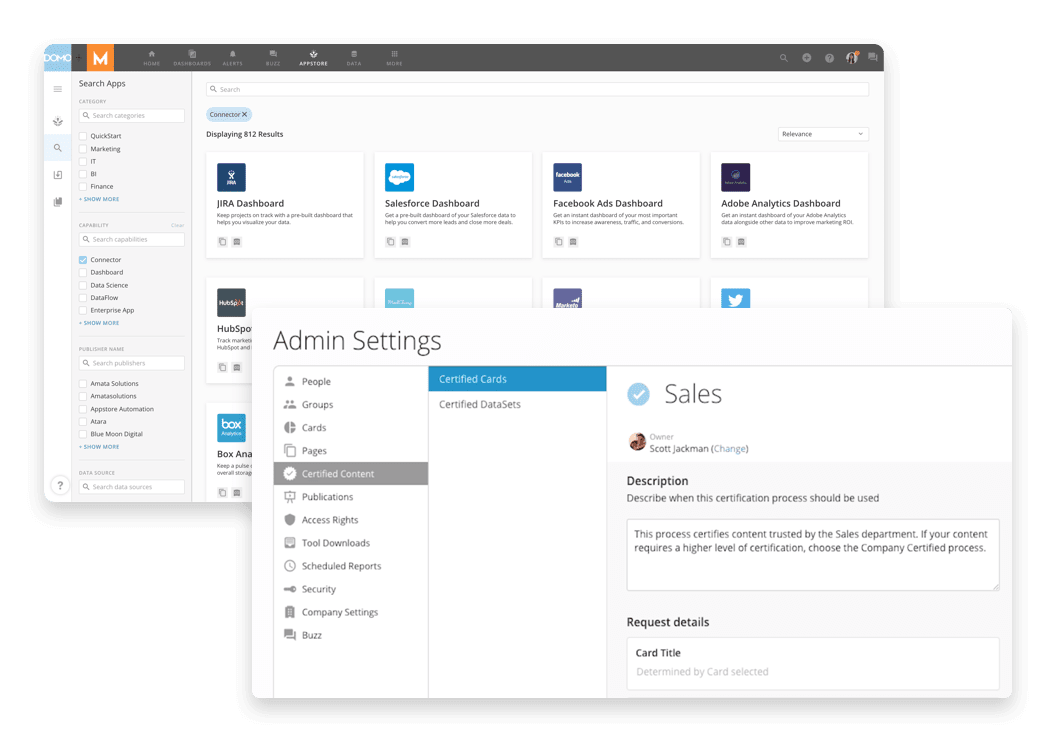 User interface showing search apps with categories and connectors, and an admin settings panel for Certified Cards with a Sales certification description owned by Scott Jackman.
