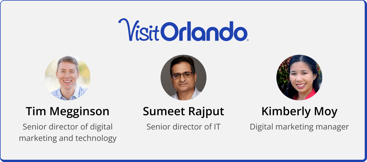 Portraits of Tim Megginson, Sumeet Rajput, and Kimberly Moy with their job titles at Visit Orlando.