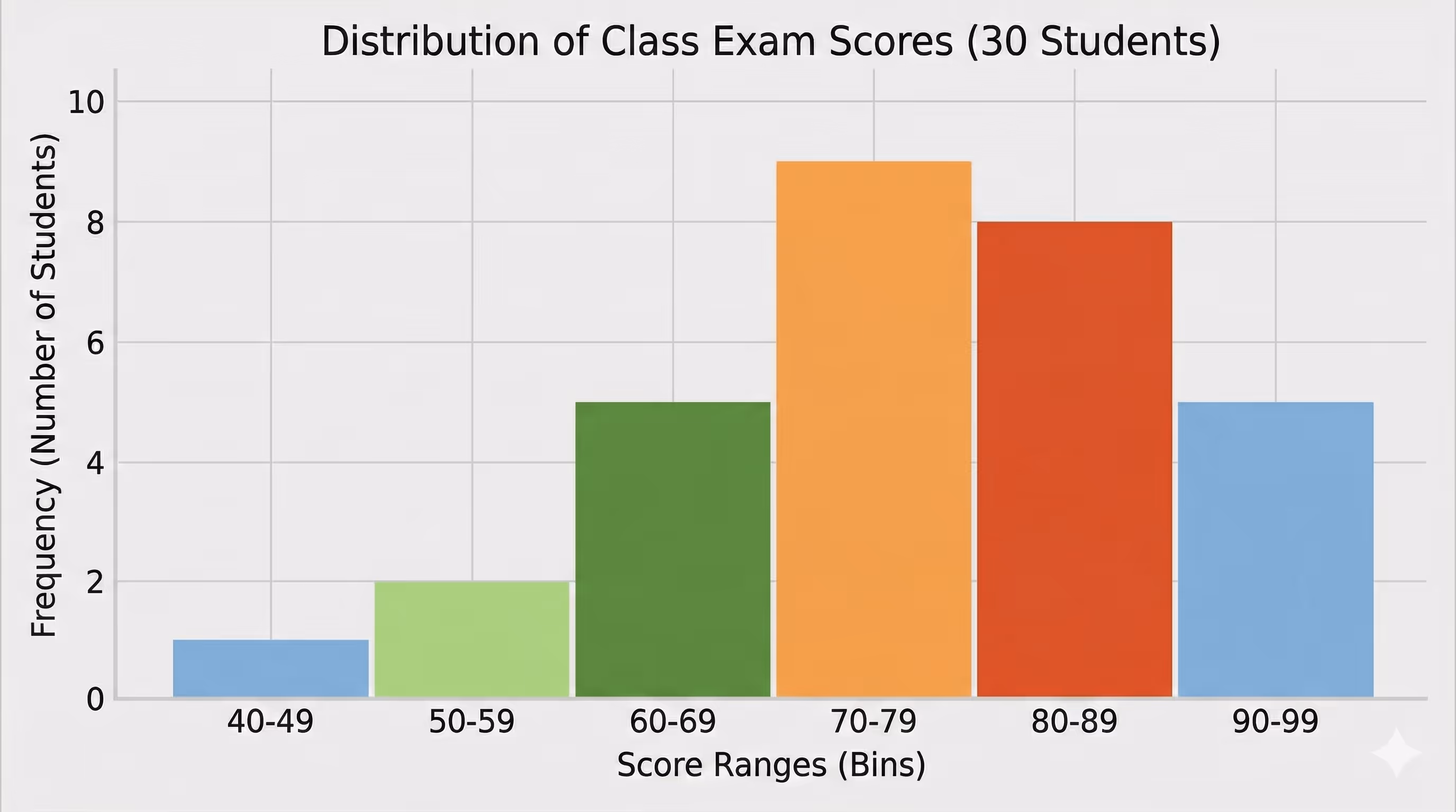 Histogram of 30 student exam scores grouped into ranges from 40–49 up to 90–99.