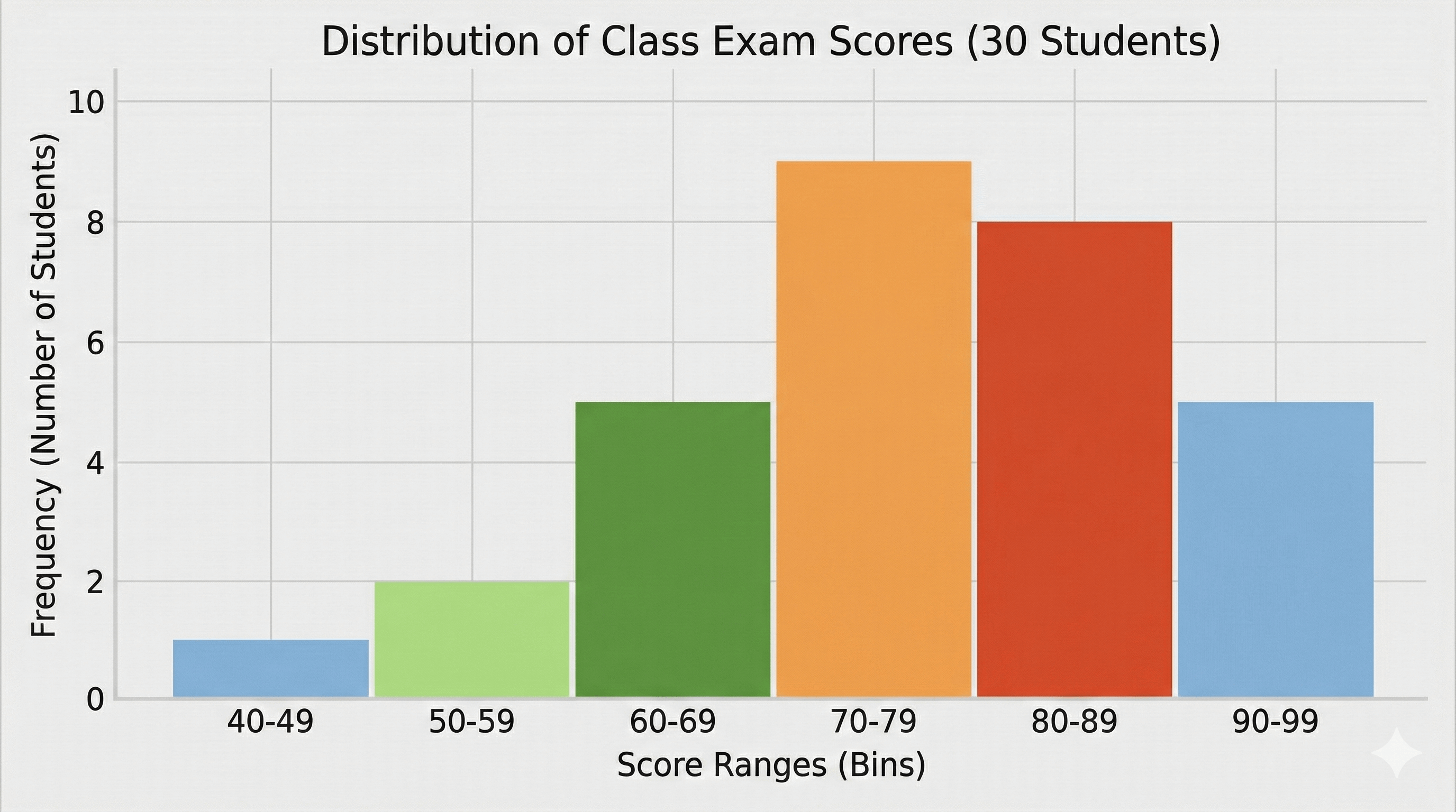 Histogram of 30 student exam scores grouped into ranges from 40–49 up to 90–99.