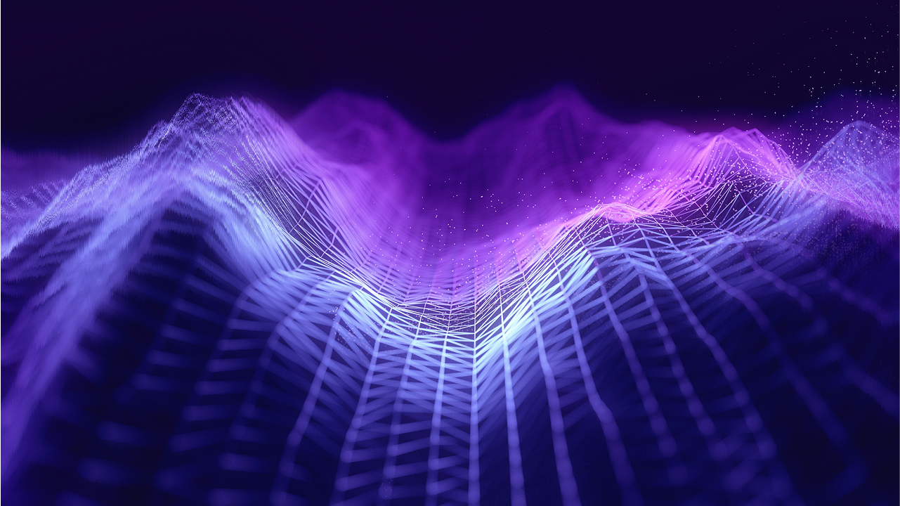 Abstract 3D digital landscape of purple and blue grid lines forming mountains and waves.