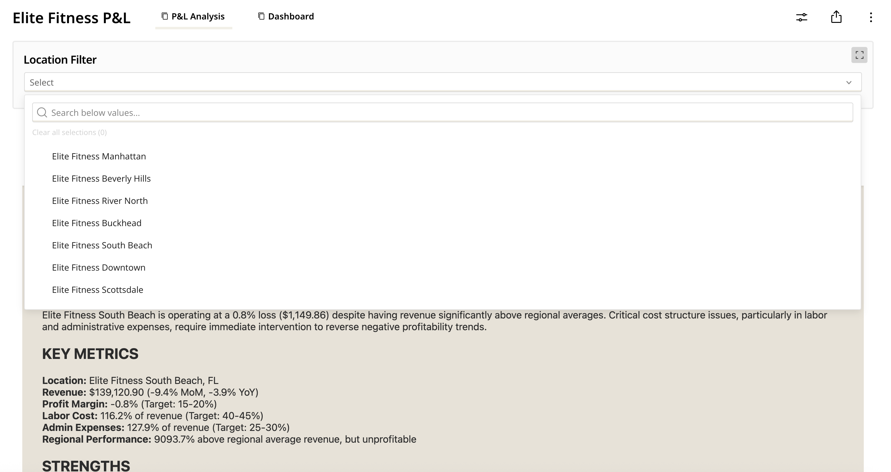 Multi location profit and loss analysis with location filter and key financial metrics for each business site