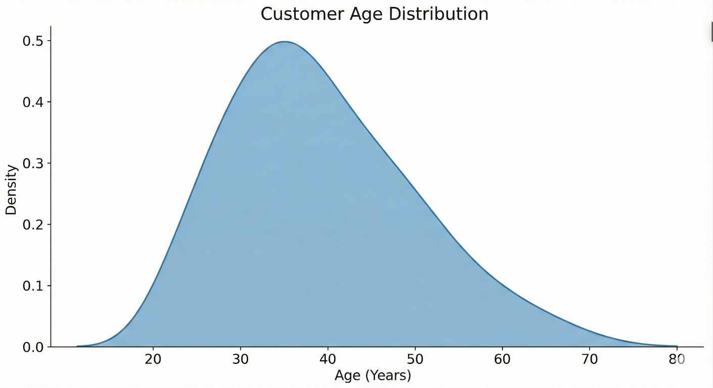 Density plot showing the distribution of customer ages from approximately 18 to 80 years.