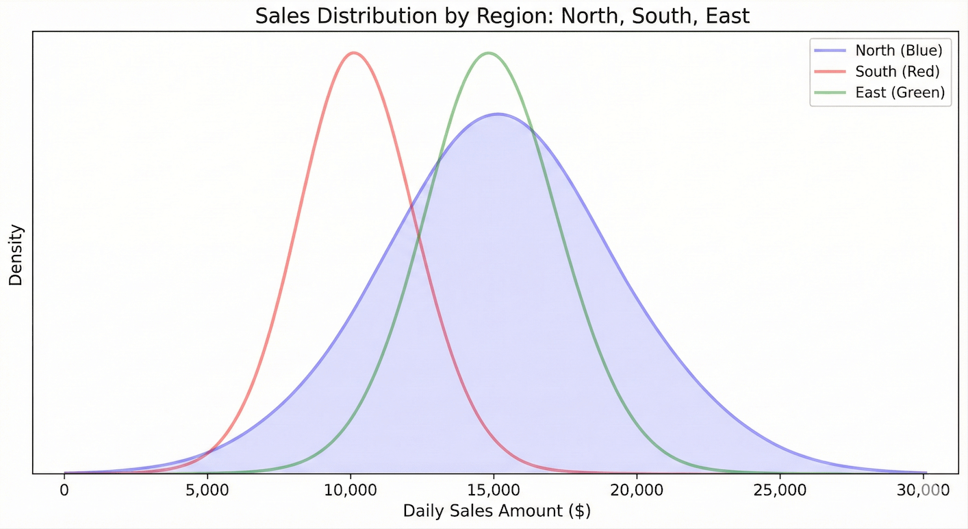 Overlapping density plots showing daily sales distributions for North, South, and East regions.