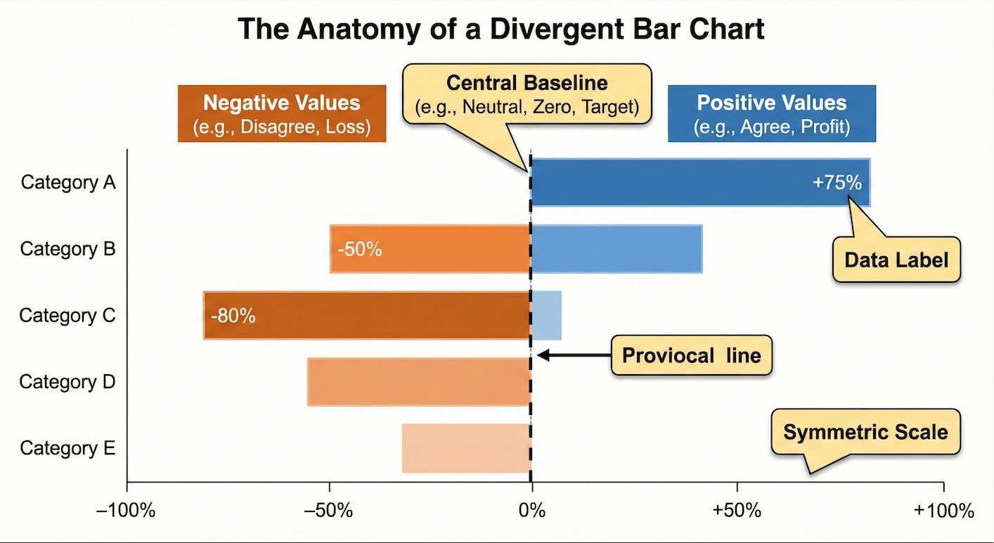 Diagram explaining the anatomy of a divergent bar chart, showing negative values, positive values, and a central baseline.