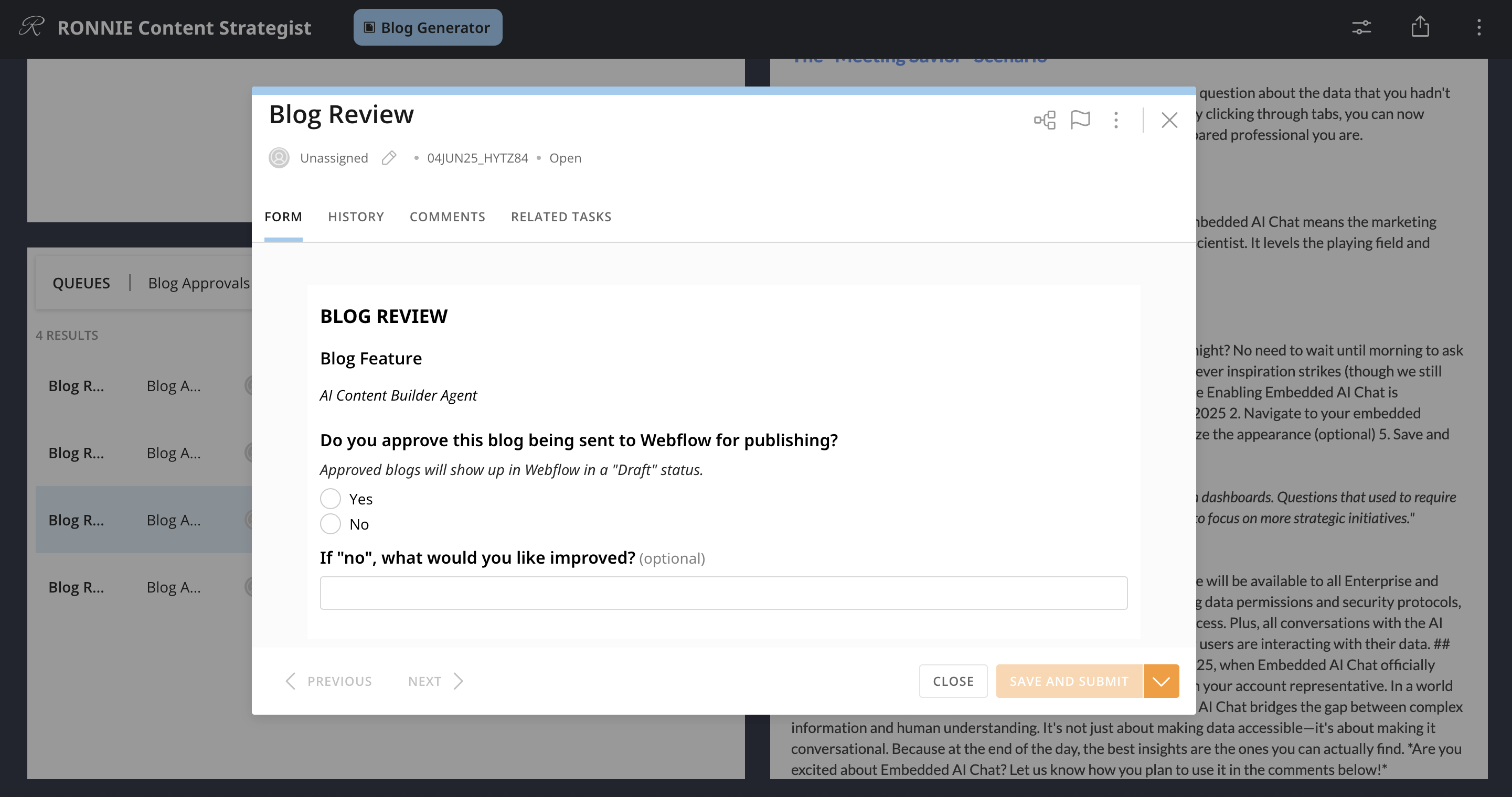 Ronnie displays blogs directly in the UI and allows you to review and approve, which sends the blog to your CMS.