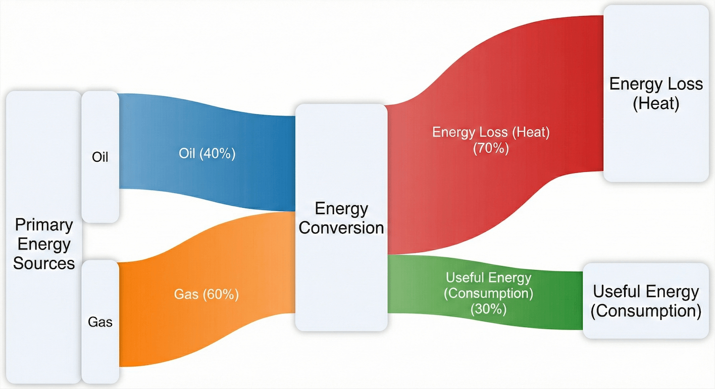 A Sankey diagram illustrating energy flow from primary sources to consumption, with a disproportionately wide flow band representing energy lost as heat.