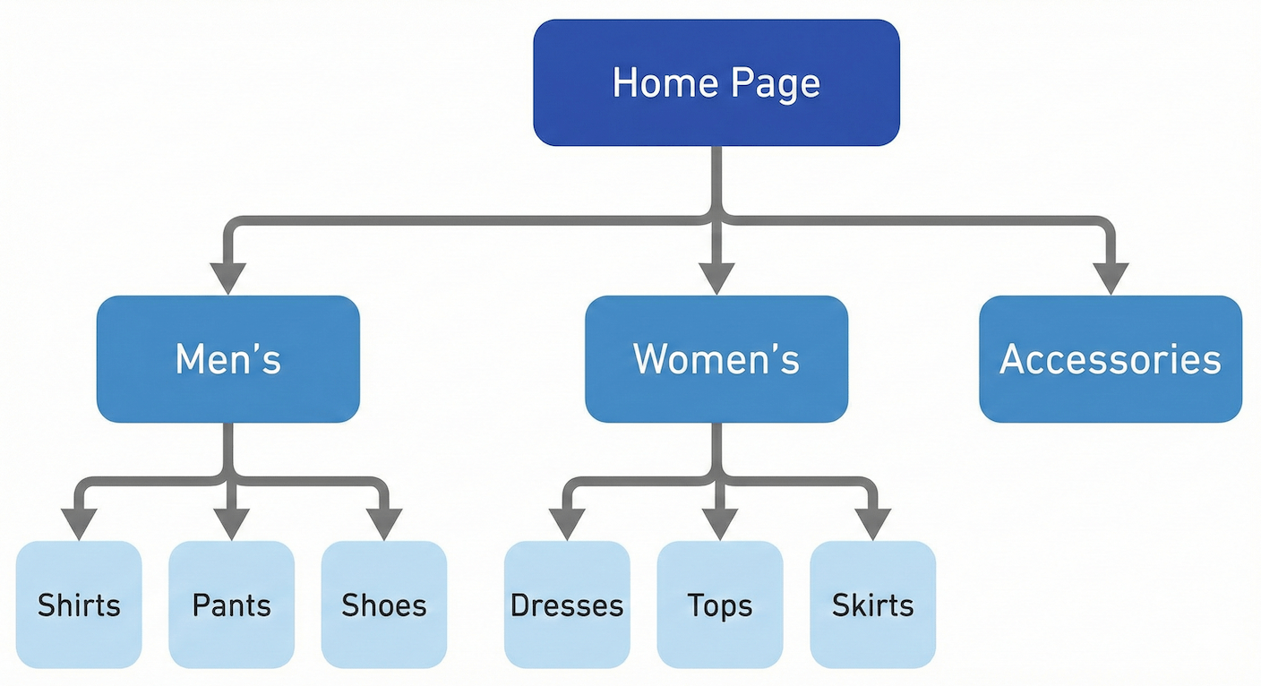 A tree diagram showing the site map of an e-commerce store, with the Home Page branching into categories like Men's, Women's, and Accessories, which then branch into specific product pages.