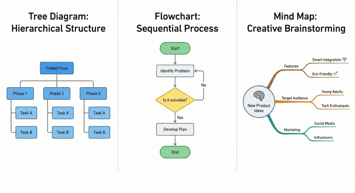 A visual comparison of a structured Tree Diagram, a sequential Flowchart, and an organic Mind Map, showing the different purposes of each visualization.