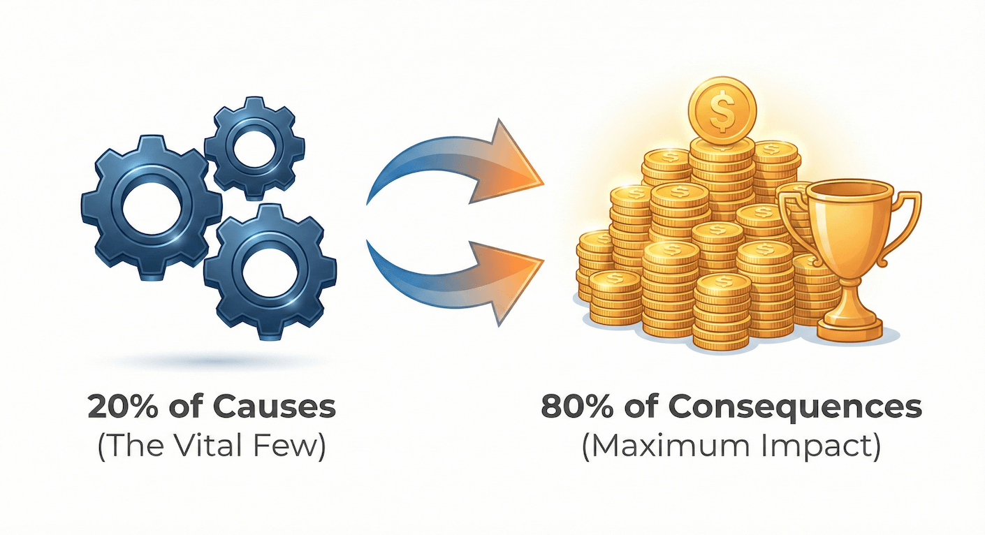 Diagram illustrating the Pareto principle, showing a small group of causes leading to a large group of consequences, with the text "20% of Causes (The Vital Few)" and "80% of Consequences (Maximum Impact)."