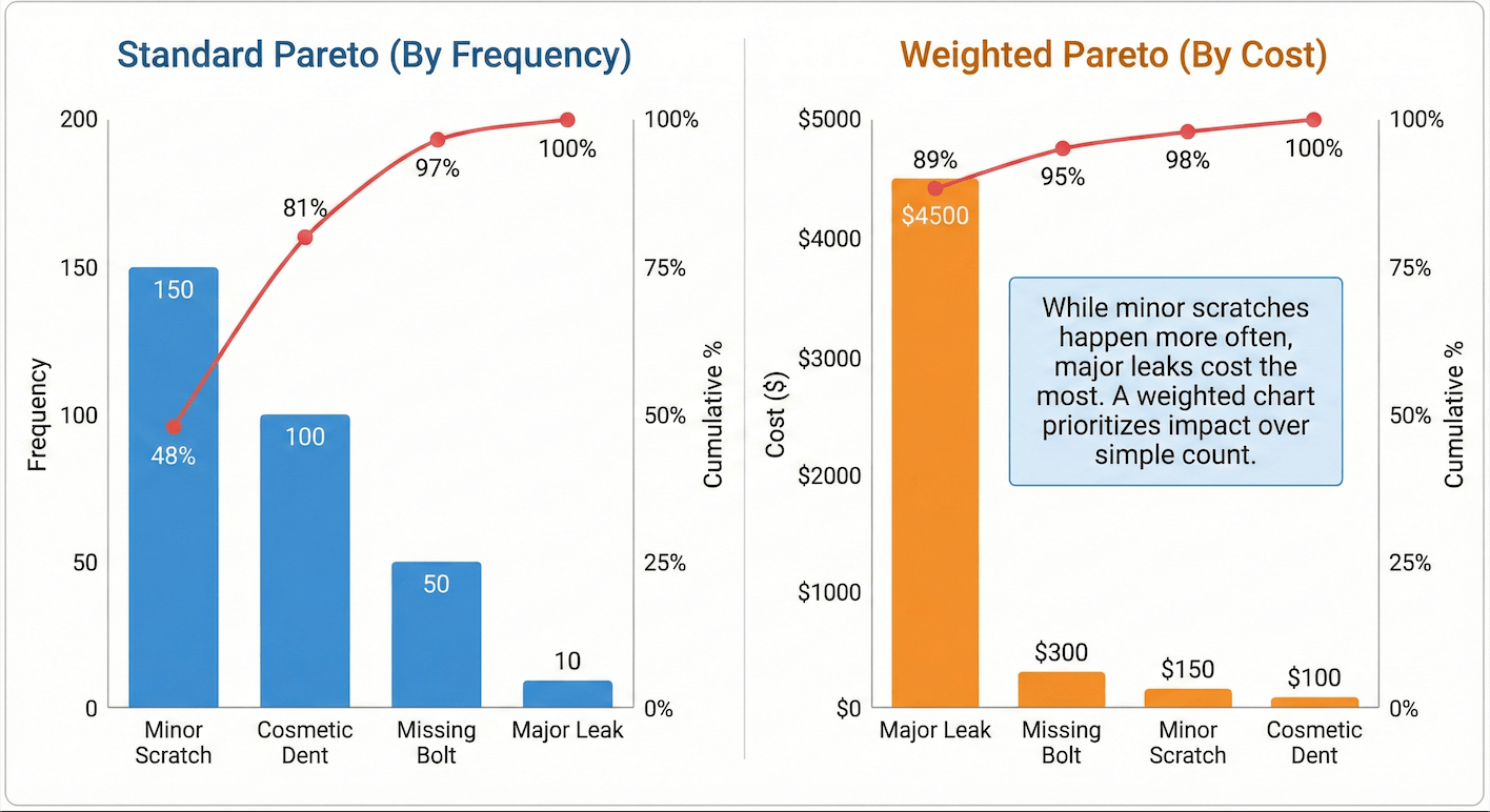 Side-by-side comparison of a Standard Pareto chart showing defects by frequency and a Weighted Pareto chart showing the same defects by financial cost, demonstrating how a weighted chart can shift prioritization.