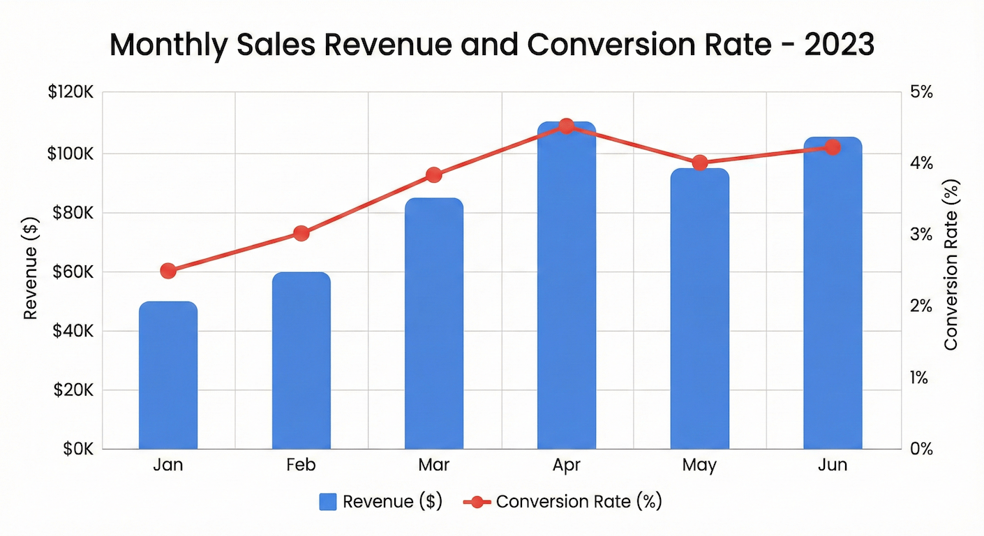 A combo chart titled "Monthly Sales Revenue and Conversion Rate - 2023," displaying blue columns for revenue on the left axis and a red line for conversion rate on the right axis, showing a correlation between high revenue and high conversion rate in April.