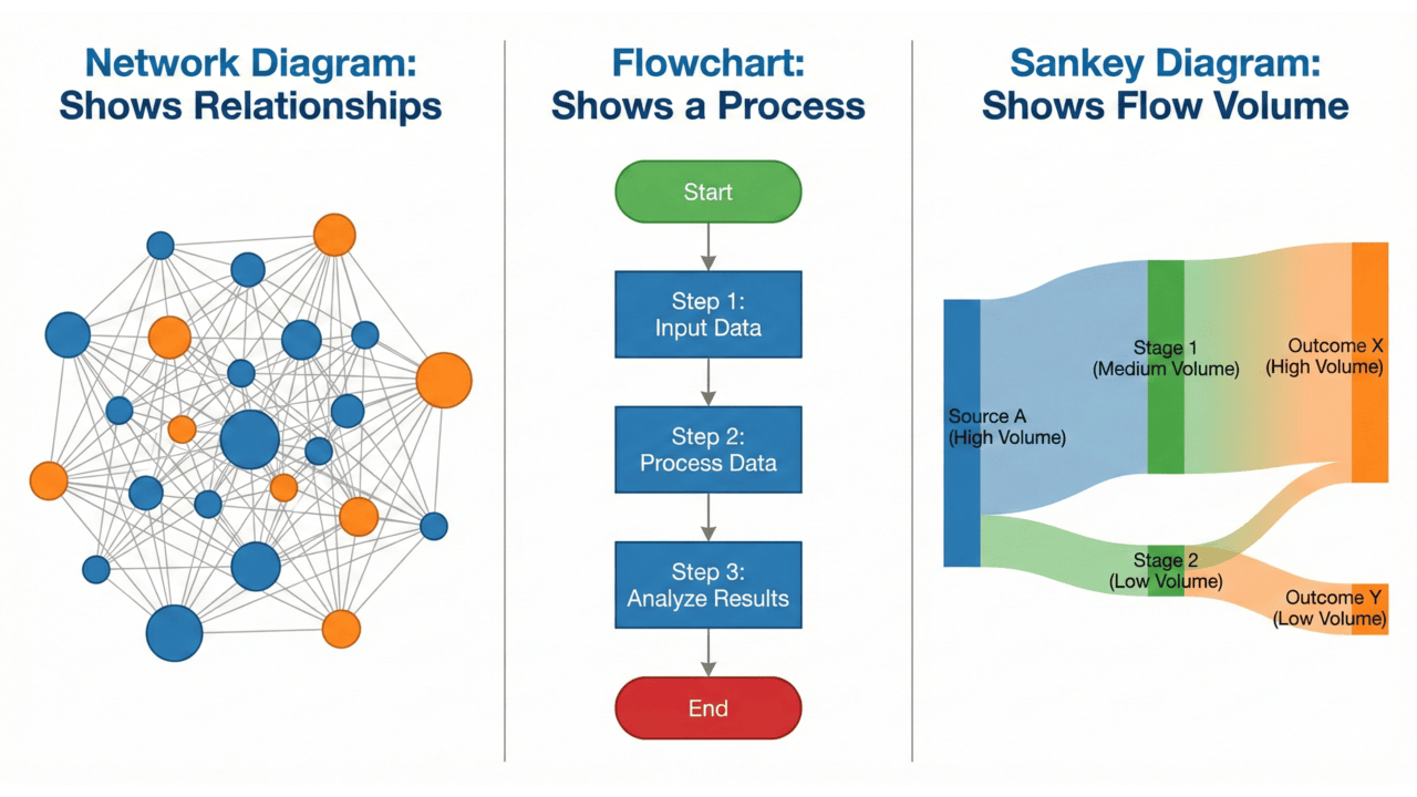 A visual comparison showing a web-like network diagram on the left, a sequential flowchart in the middle, and a volume-based Sankey diagram on the right, highlighting the different purposes of each visualization.