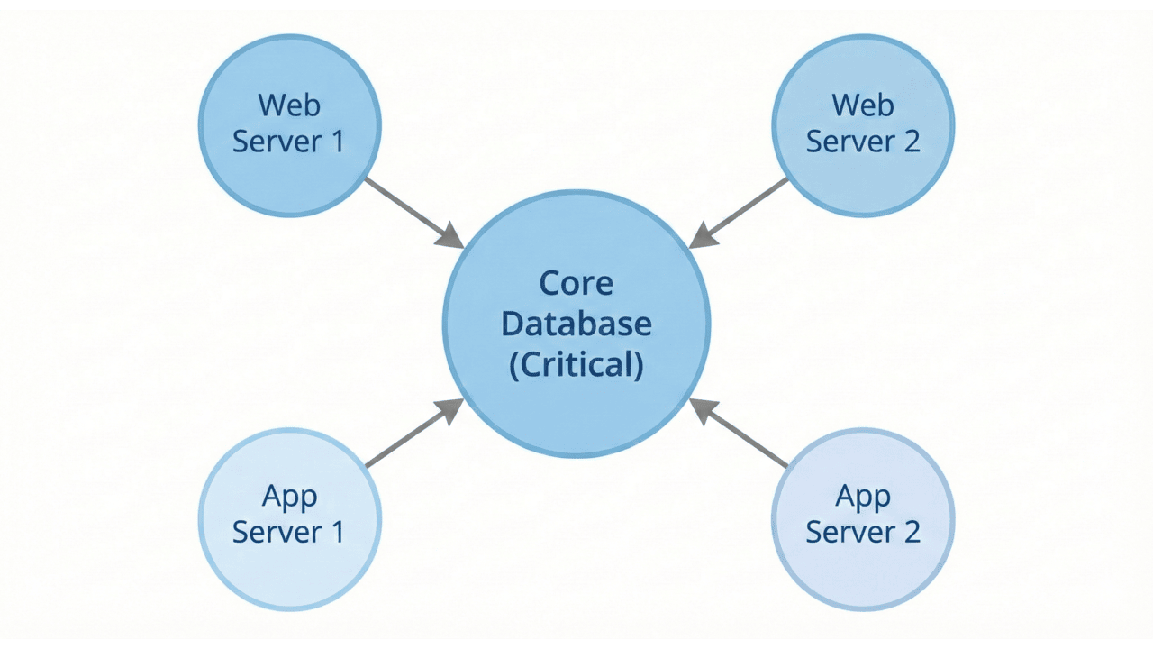 A network diagram showing an IT infrastructure where multiple web and application servers are dependent on a single, central core database.