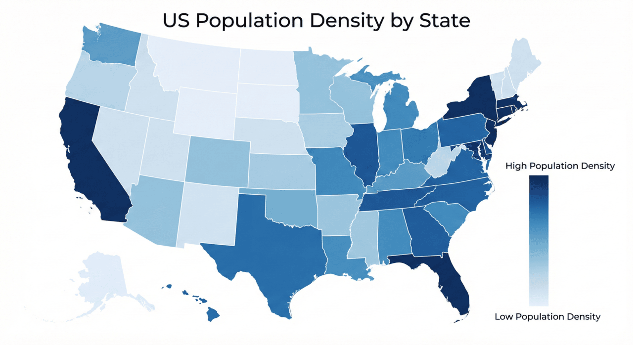 A choropleth map of the United States showing population density, where darker shades of blue indicate higher density and lighter shades indicate lower density.