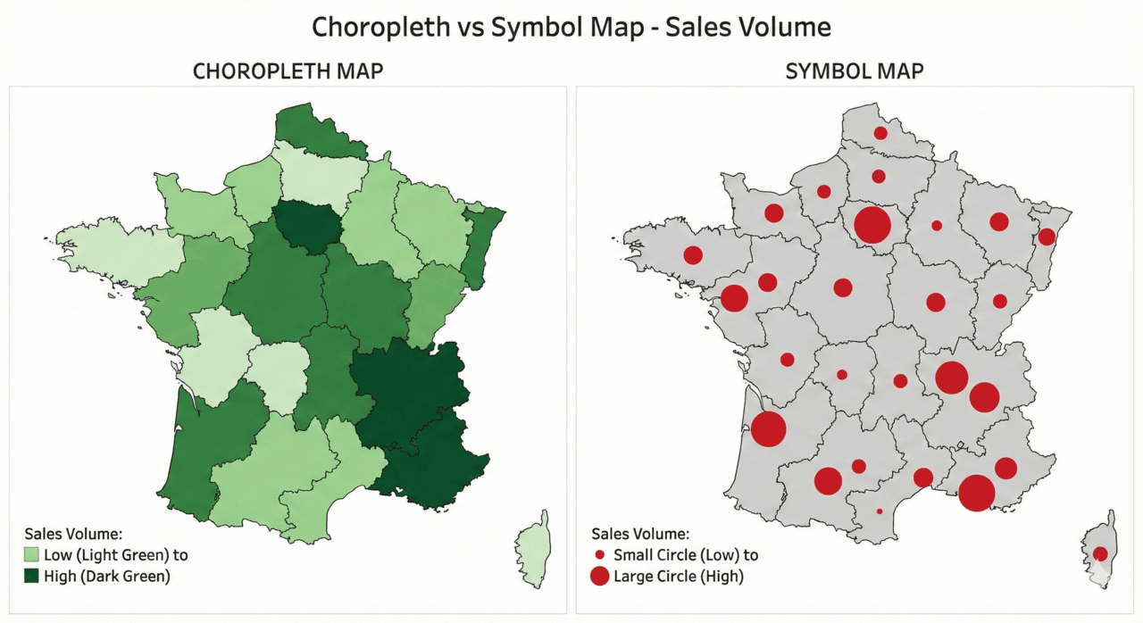 A visual comparison showing a choropleth map on the left, which fills regions with color, versus a proportional symbol map on the right, which uses varying circle sizes to represent data.