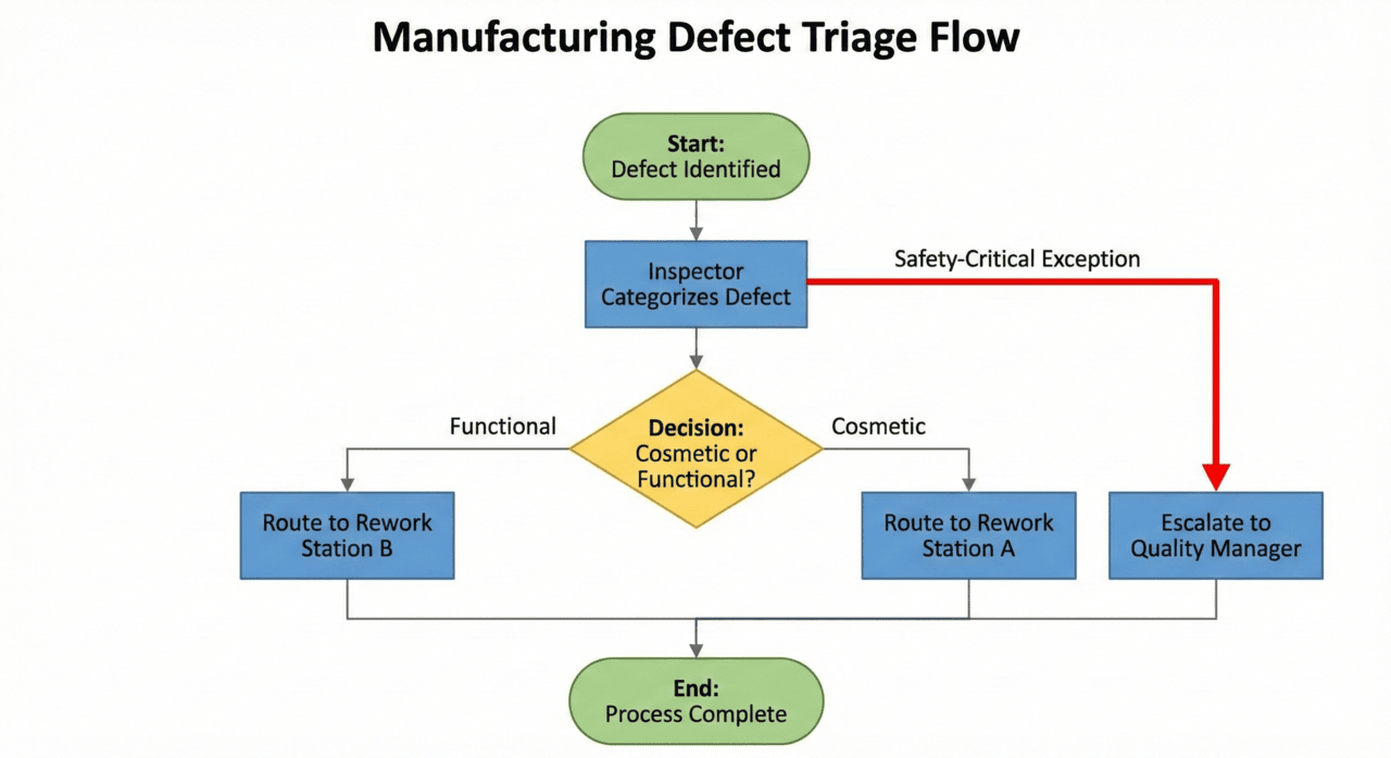 A swimlane flow map titled "Customer Service Ticket Routing Flow" uses horizontal lanes to display the process across four roles: Triage Agent, Tier 1, Tier 2, and Senior Agent. The flow shows how ticket priority and SLA status determine which role receives the work.