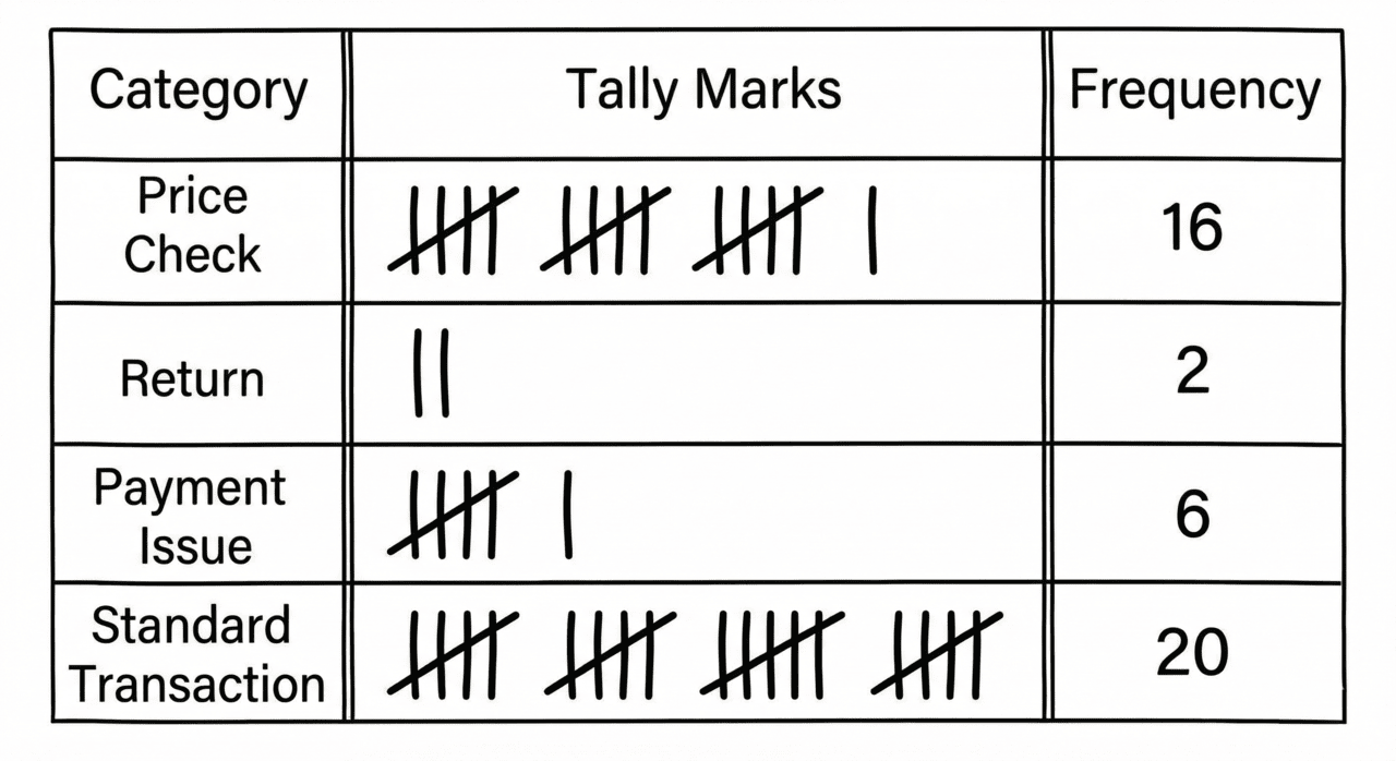A hand-drawn tally chart recording checkout issues like "Price Check" and "Return." It shows tally marks grouped by fives in the center column and the final frequency count in the right column.