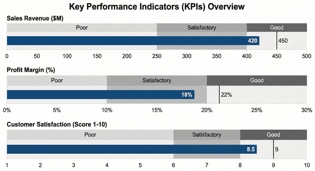 A dashboard with three horizontal bullet graphs showing Sales Revenue, Profit Margin, and Customer Satisfaction. The graphs indicate that while all metrics fall into "Satisfactory" or "Good" qualitative ranges, they all missed their specific numerical targets.