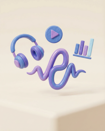3D illustration of headphones and audio waveform representing AI-powered audio briefing generation
