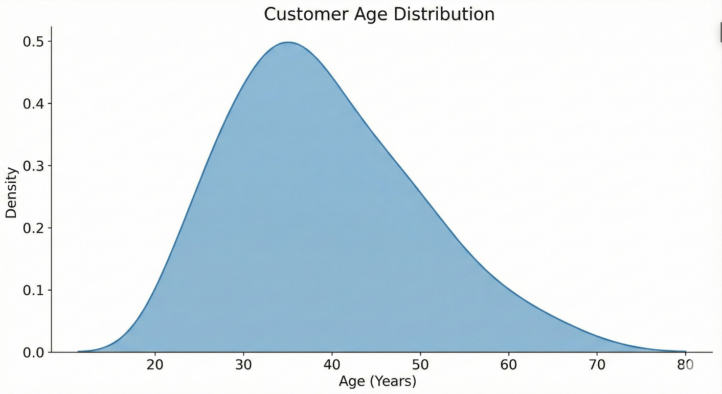 An example chart showing Customer Age Distributions, where the highest density of customers are about 40 years old