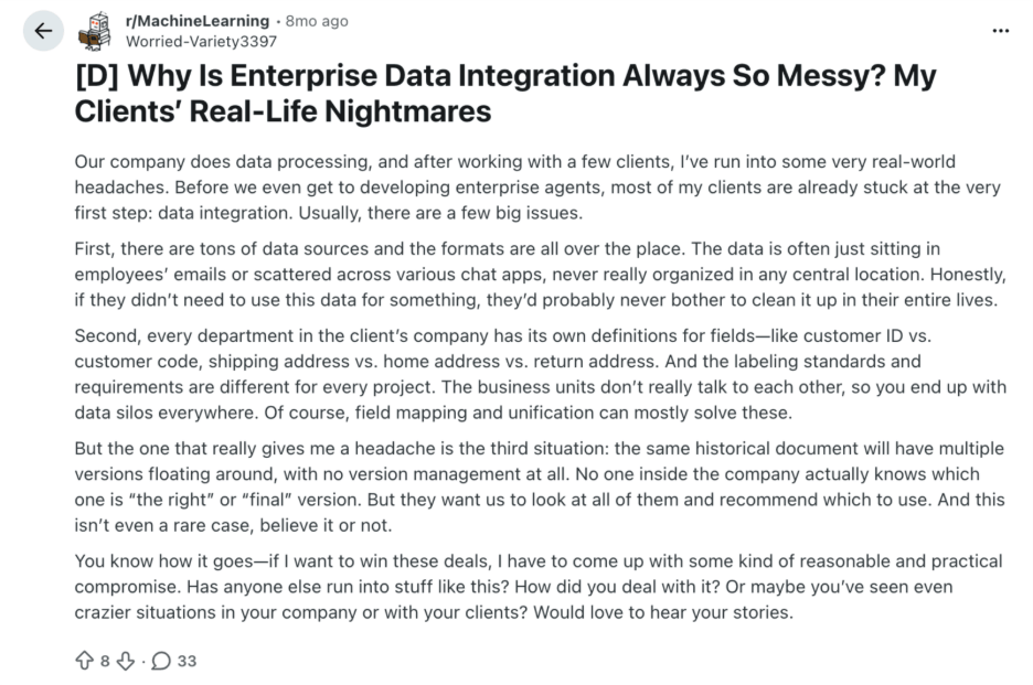 A post on Reddit titled, "Why Is Enterprise Data Integration Always So Messy? My Clients' Real Life Nightmares," by user Worried-Variety3397