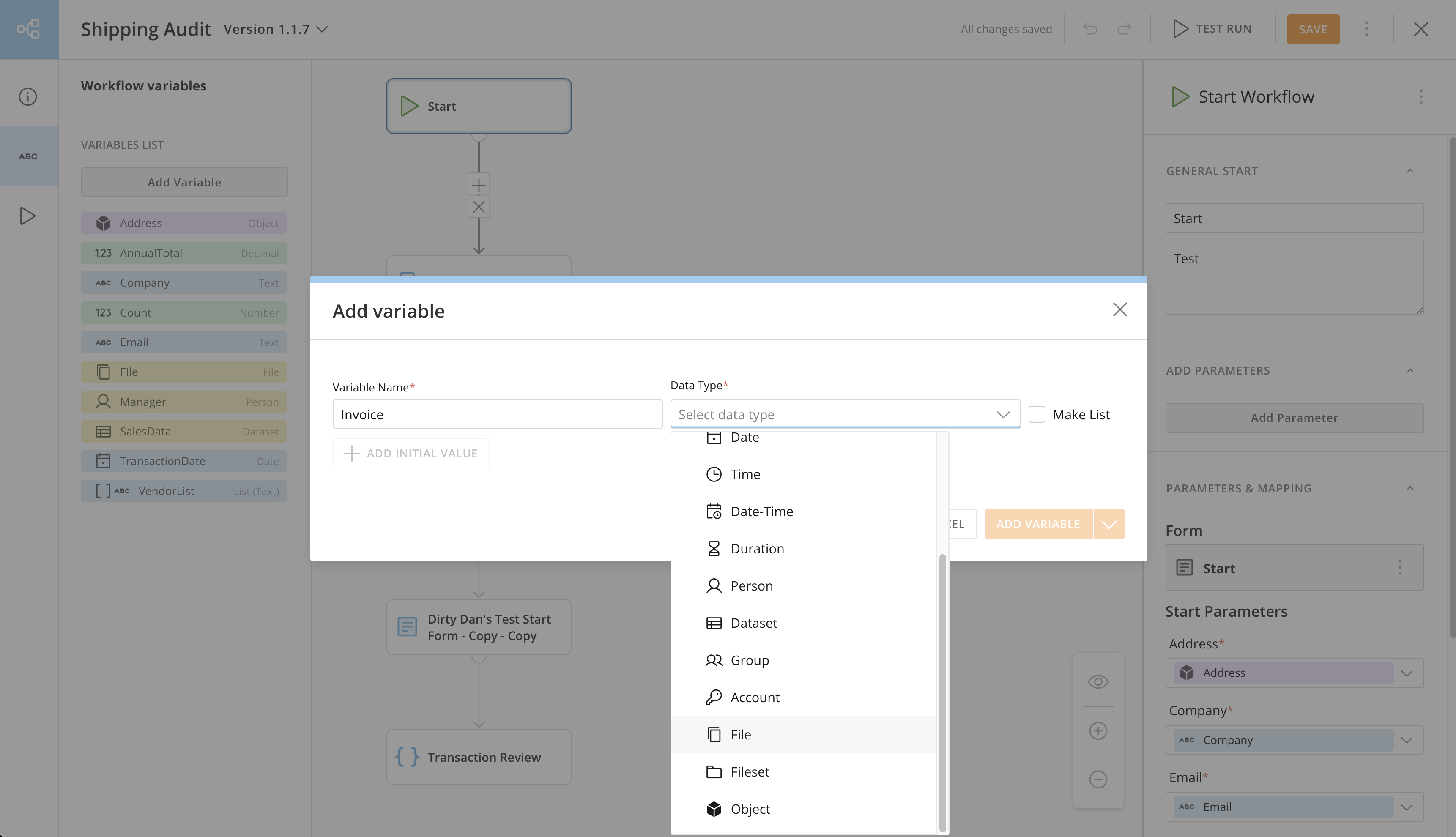 Dialog box for adding a variable