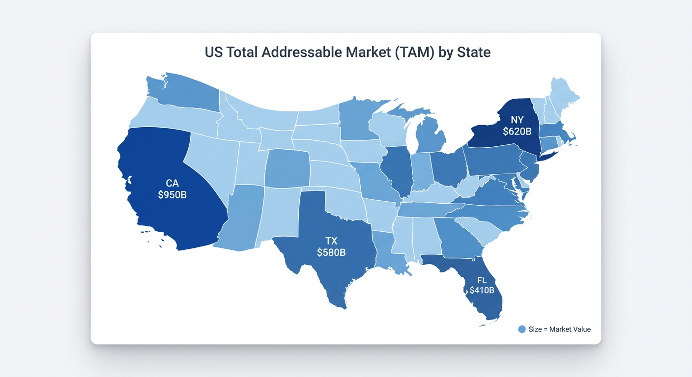 A contiguous cartogram of the US distorted by financial value. California, New York, and Florida are shown as massive, bloated shapes, while large landmass states like Montana and Wyoming are shrunk to tiny slivers. This visually emphasizes that market value is concentrated in specific, dense areas, regardless of their geographic footprint.