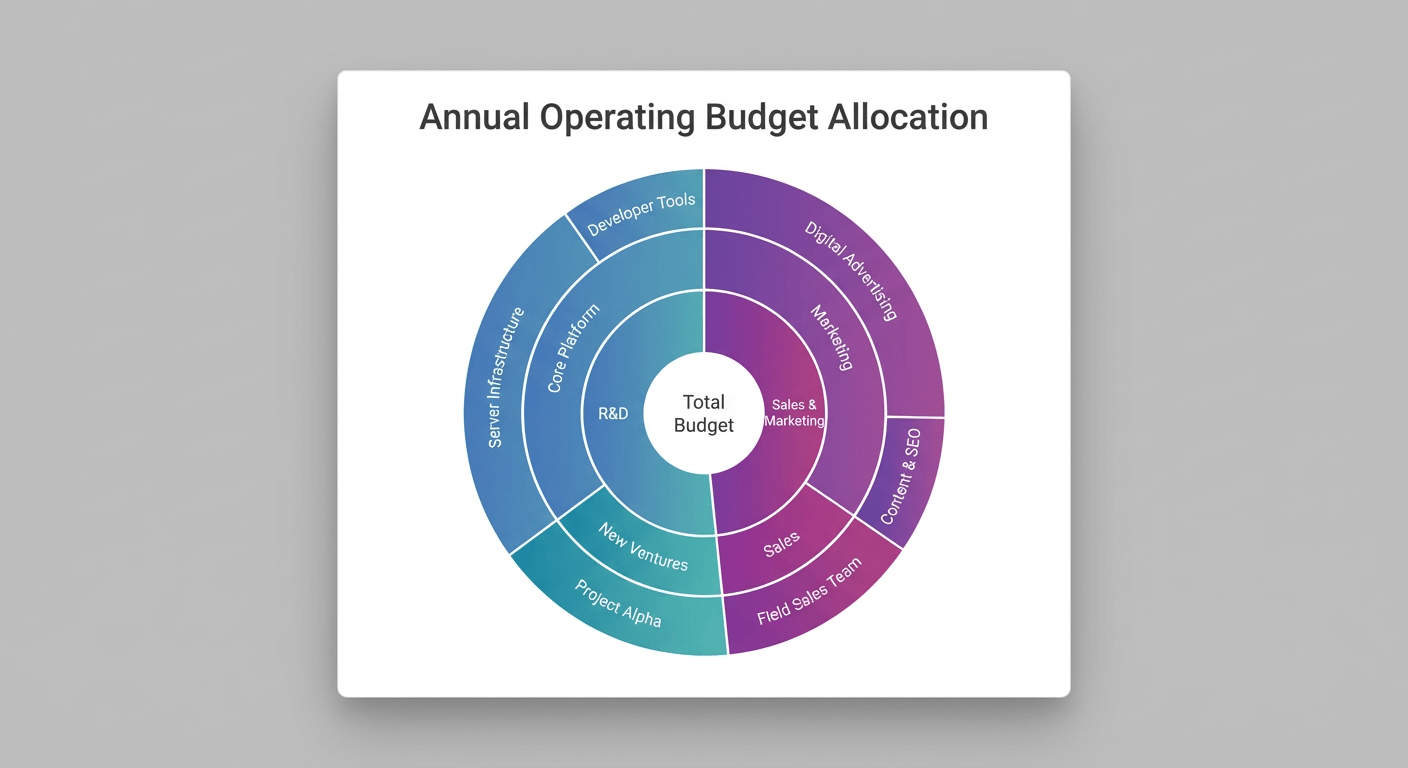 A sunburst chart showing budget distribution. The chart has three rings: the inner ring shows "R&D" and "Sales & Marketing" divisions, the middle ring shows departments like "Core Platform" and "Marketing," and the outer ring shows cost centers like "Server Infrastructure," which is visibly one of the largest single expenses.