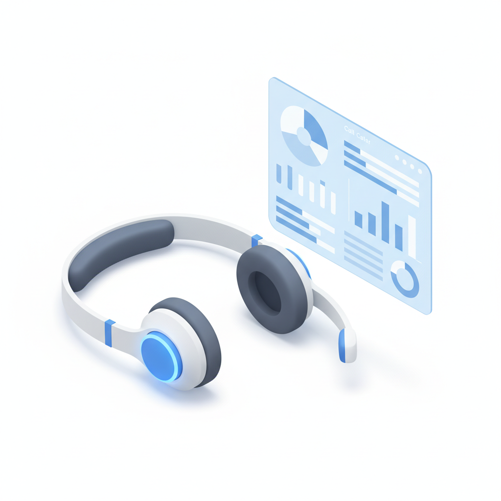 3D isometric illustration of a customer support headset next to an AI analytics dashboard with categorized call data
