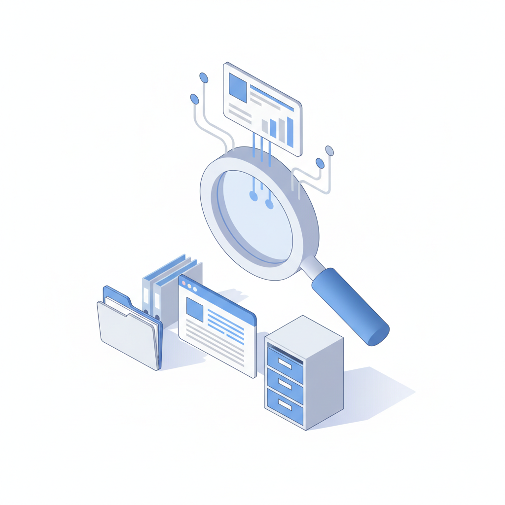 3D isometric illustration of an AI magnifying glass scanning business documents and consolidating them into an intelligence briefing