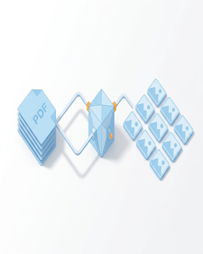 3D isometric illustration of a vector search pipeline processing PDF documents through embedding nodes into a similarity matching grid