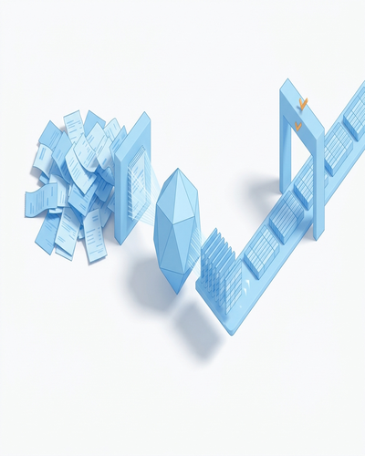 3D isometric illustration of invoices flowing through an AI extraction node into structured approval workflows