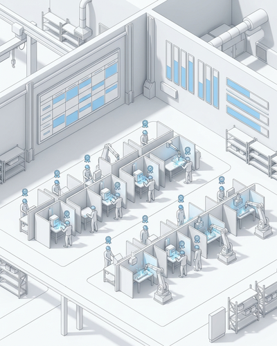 3D isometric illustration of factory floor with welding stations and worker scheduling board