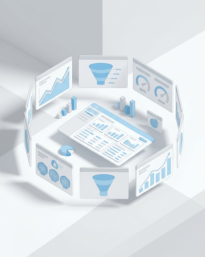 3D isometric illustration of marketing analytics dashboards with performance charts and funnel visualizations
