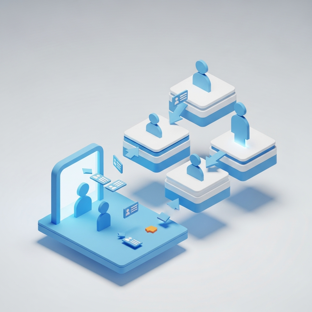 3D isometric illustration of user silhouettes being sorted through a classification gateway into tiered access platforms