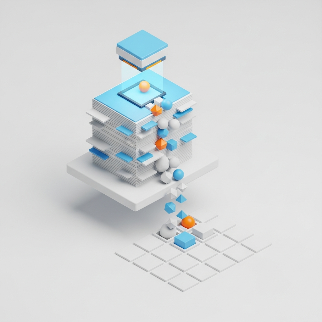 3D isometric illustration of stacked documents with data being extracted into organized geometric shapes
