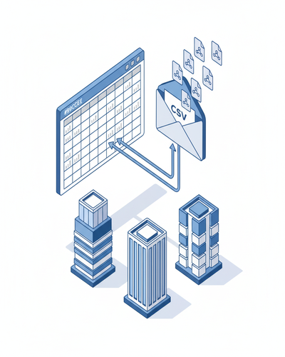3D isometric illustration of budget spreadsheet distributing CSV documents to vendor buildings