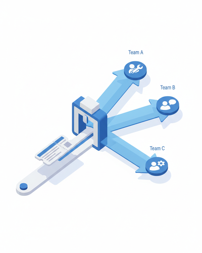3D isometric illustration of ticket being routed through sorting gateway to team members