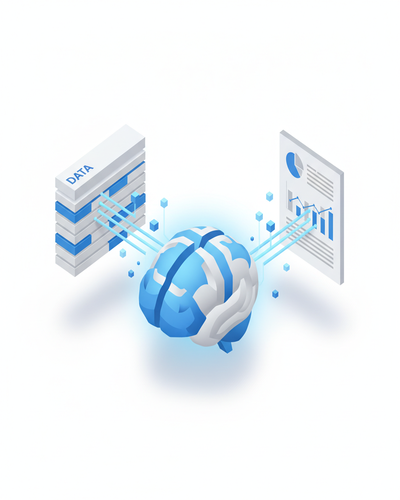 3D isometric illustration of data table feeding into AI brain producing analysis report document