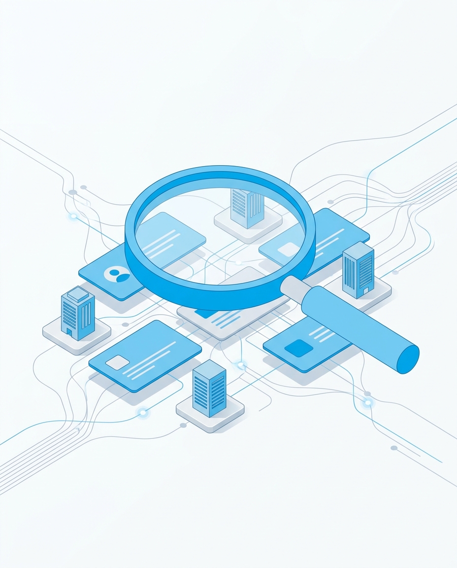 3D isometric illustration of a magnifying glass scanning business profiles with intelligence web connections