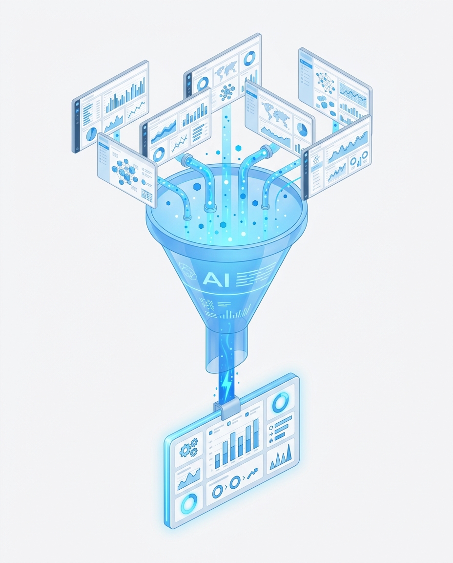 3D isometric illustration of dashboards being condensed into an executive summary card